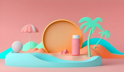 3d rendered beach with a coconut tree and umbrella