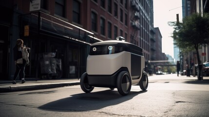 Modern delivery robot delivering packages around the city, intelligent automaton vehicle for the delivery of food and products. Generative AI