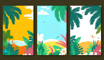 set of summer banners with trees, coconut trees