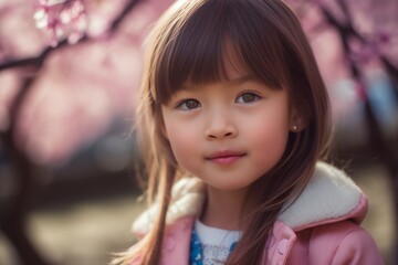 満開の桜の下の日本の女の子 - obrazy, fototapety, plakaty