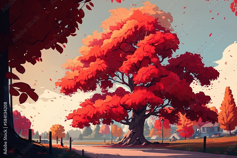 Poster daylight vertical image of a tree with crimson leaves at a park generative ai