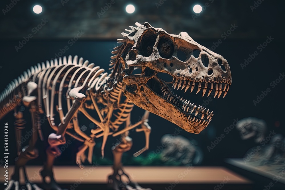 Poster museum-captured vertical selective-focus image of a dinosaur skeleton generative ai