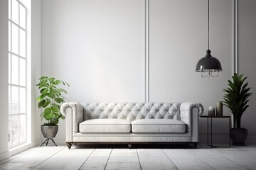 Empty bright white wall background, living room with couch. Generative AI