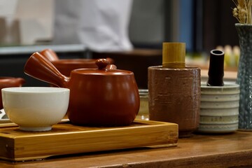 Japanese traditional tea tools set prepare for making aroma beverage in the retro cafe