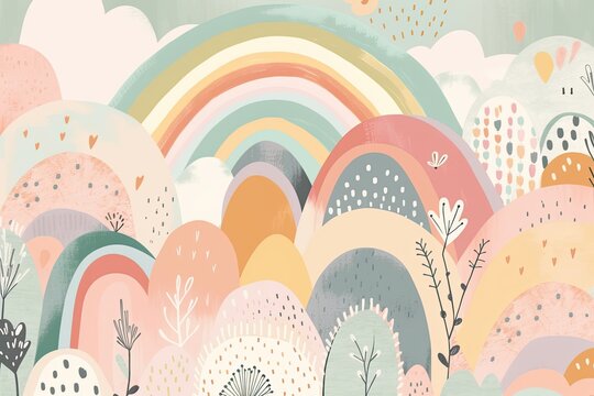 Fototapeta Boho pastel rainbow. Scandinavian print for baby shower, nursery, playroom, birthday, kids' party, and more. Generative AI