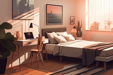 Modern room with desk and bed. Generative AI