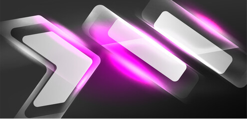 Neon speed arrow and line shapes background. Hi-tech concept with shiny backdrop. Bright flare light effect in the dark