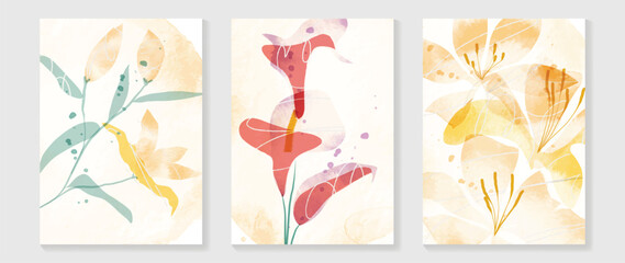 Obraz premium Abstract floral cover background vector. Set of spring plant hand drawn template with flowers, leaves, wildflower. Colorful watercolor texture design for wallpaper, banner, prints, interior, poster.