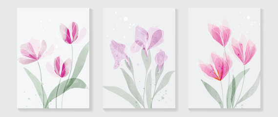 Obraz na płótnie Canvas Abstract floral cover background vector. Set of spring plant hand drawn template with flowers, leaves, wildflower. Colorful watercolor texture design for wallpaper, banner, prints, interior, poster.