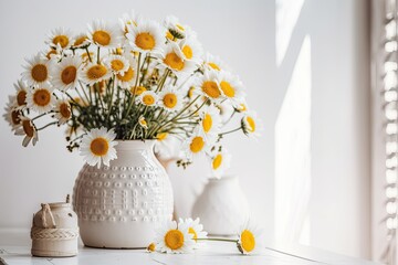 Daisy blooms with sunrays on white backdrop. Summer feelings, basic house décor. Boho room with daisy arrangement in contemporary ceramic vase. Copy space, summer wallpaper. Generative AI