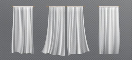 Realistic set of white curtains hanging isolated on transparent background. Vector illustration of silk fabric sheets, veil fluttering in wind. Home textile, light drapery, interior design elements - obrazy, fototapety, plakaty