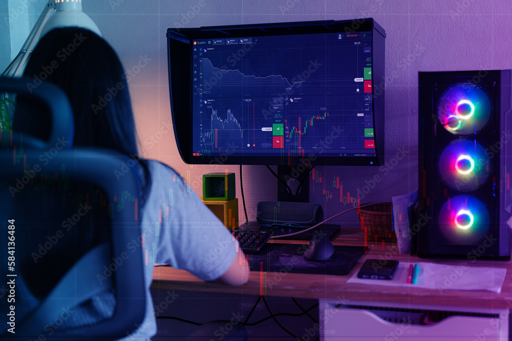 Poster back view of female trader looking at monitor with stock exchange graph or chart.centennial young pe