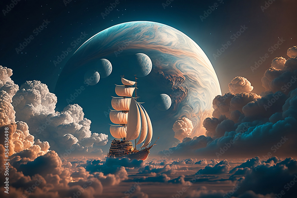 Canvas Prints ship on the cloud over the planet. generative ai.