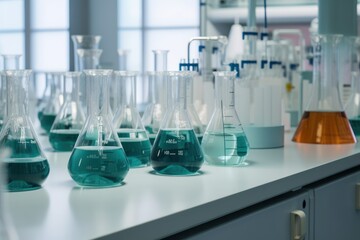 Laboratory glassware with liquid, close up view. Chemistry lab glass tubes. Generative AI 