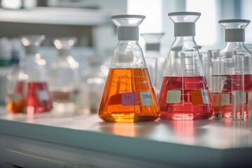 Laboratory glassware with liquid, close up view. Chemistry lab glass tubes. Generative AI 