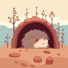 Cute hedgehog in a hole made of wood in the forest vector cartoon flat Illustration © AyhaanA