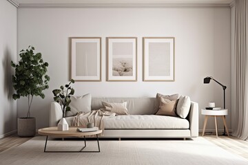 Mockup frame in farmhouse living room, beige couch on white wall,. Generative AI