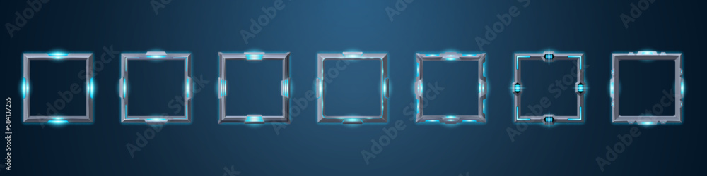 Poster hud frames for digital game ui interface. avatar boxes template with borders in futuristic style. sq