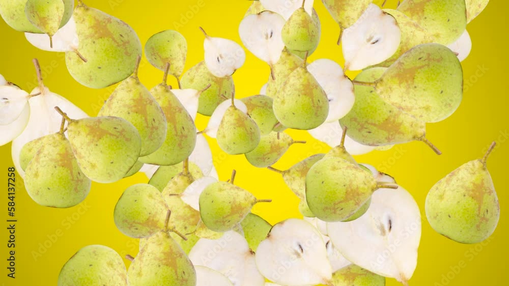 Poster abstract explosion with half of pears flying in different directions on a yellow background. simple 