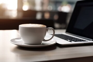 Coffee Shop Lifestyle. Laptop and Coffee Cup Close Up on Blurred Cafe Table Background 