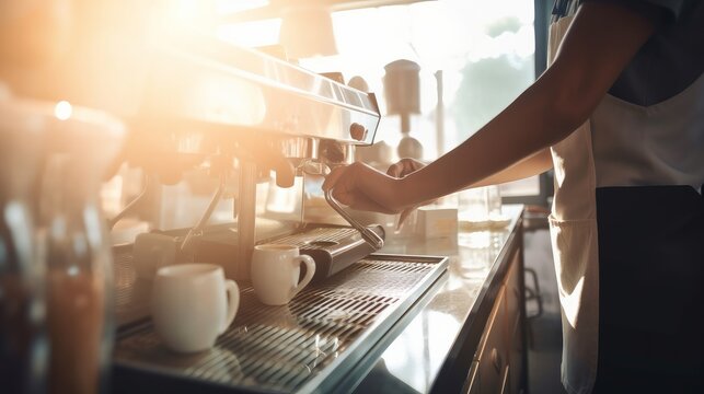 close up barista hand making espresso coffee barista working making coffee with coffee machine colour tone, image ai generate