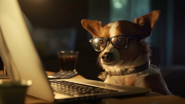 old senior animal pet dog pretending to work hard using laptop and pc at night in dining room at home, image ai generate