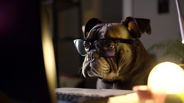 old senior animal pet dog pretending to work hard using laptop and pc at night in dining room at home, image ai generate