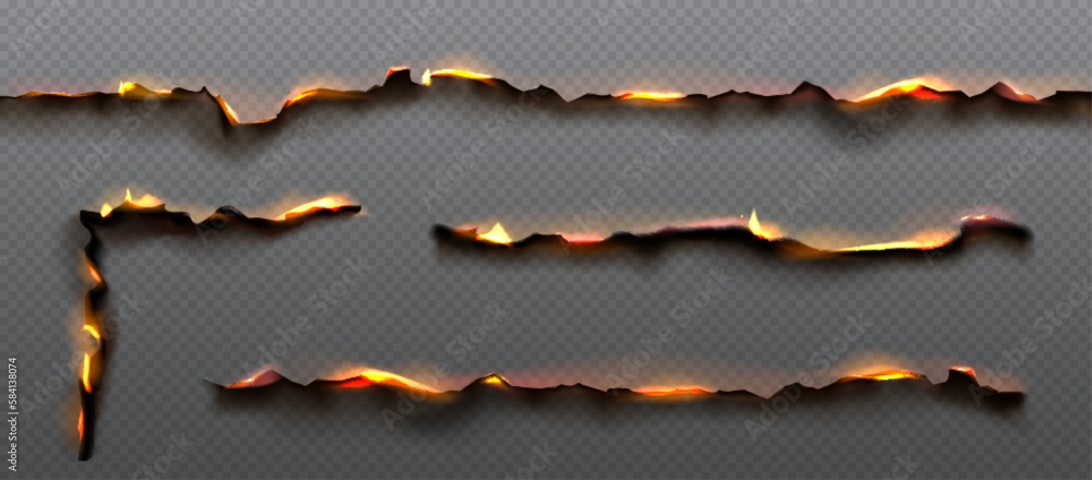 Poster fire on burnt paper edges. frames with burn effect with yellow flame, black ash and scorched edges o