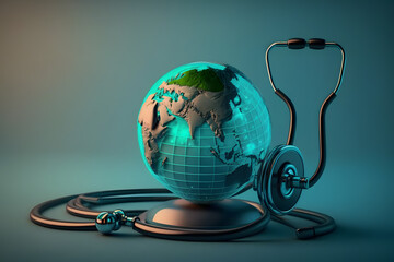 Selective focus of stethoscope connected with globe on blue background, world health day concept made with Generative AI