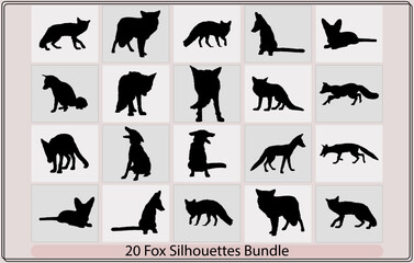 Fox silhouette,vector black silhouette of a fluffy Fox,Fox silhouette vector on a white background,Fox set of silhouettes, vector,