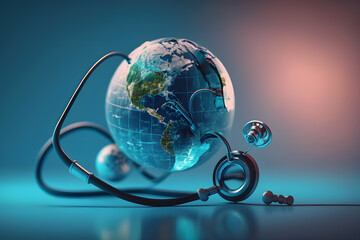 Selective focus of stethoscope connected with globe on blue background, world health day concept made with Generative AI