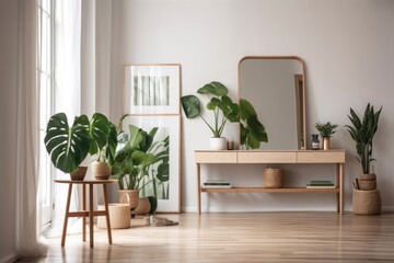 Scandinavian hygge living room. Monstera, old wooden console, white and green walls, blank frame. Luxurious bright apartment interior design idea. Generative AI