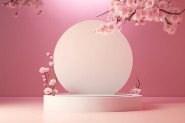 Pink blossom and white display podium background template. Generative AI.