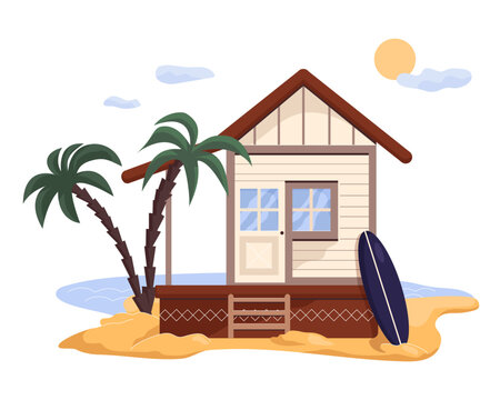 Beach house with palm trees cartoon vector illustration isolated on white background. Tropical bungalow, hut on coast of sea for summer vacation
