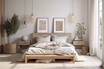 White and beige farmhouse bedroom with wall mockup. Parquet and wood furniture. Boho decor,. Generative AI