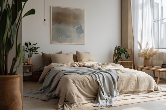 Beige blanket on king size bed against wall with simple artwork in sunny bedroom with plants. Generative AI