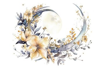Moon and Flower Branch Watercolor. Gold Flower Moon on White Background Boho Illustration. Beautiful Print for Card, Wall Art, Poster, Room Decorating. Generative AI