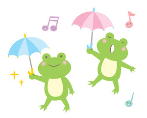 傘をさして歩くカエルと歌うカエル