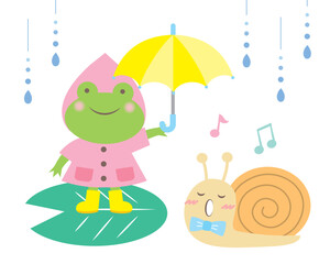 傘をさしてレインコートを着ているカエルとカタツムリ