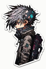 Cyberpunk anime teen boy, cyborg, android, hydraulic, face portrait, ai generated art, wall art, wallpaper frame art, sticker, cutout