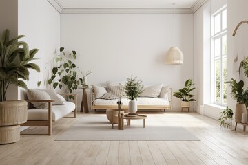 Empty white walled living room with couch, plants, and table. Generative AI