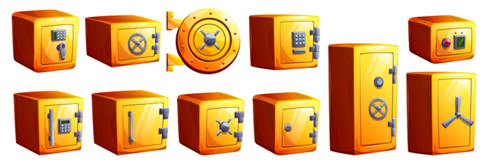 Cartoon set of yellow safe boxes isolated on white background. Vector illustration of big and small square and round vaults with closed door, digital code and metal handle. Locker for money storage