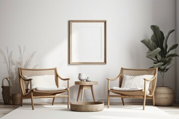 Mockup Coastal White Wall, Modern Coastal White Wall Picture with Oak Wood Coastal Frame and Chairs, Rattan Decor Styling Interior Frame Mockup. Generative AI