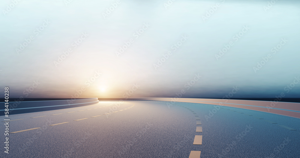 Poster 3d rendering of empty road towards rising sun. light reflection on asphalt surface. for automobile a