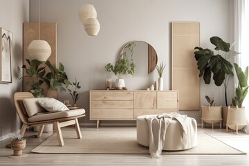 Innovative and contemporary beige living room interior design with mock up poster frame, beige wooden sideboard, pouf, plants, and boho inspired personal items. Copies. Template. Generative AI