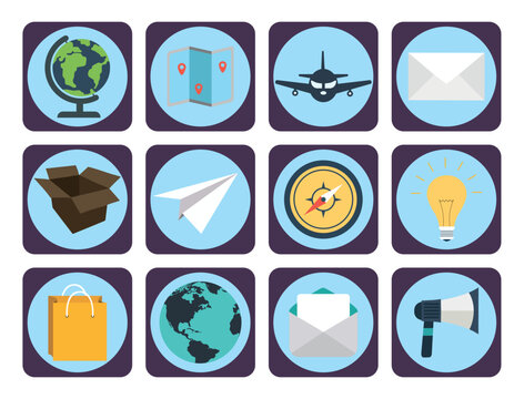 vector image set of 12 travel icons with blue background and brown border