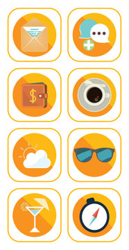 vector image set of 8 travel icons with blue background and brown border