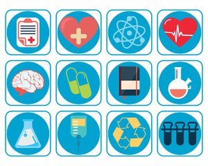 vector image set of 12 health icons with blue background and blue border