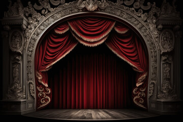 A theater stage with red curtains. Generative AI