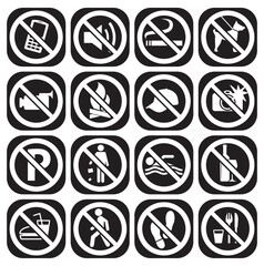 vector image set of 16 forbidden icons with red lines